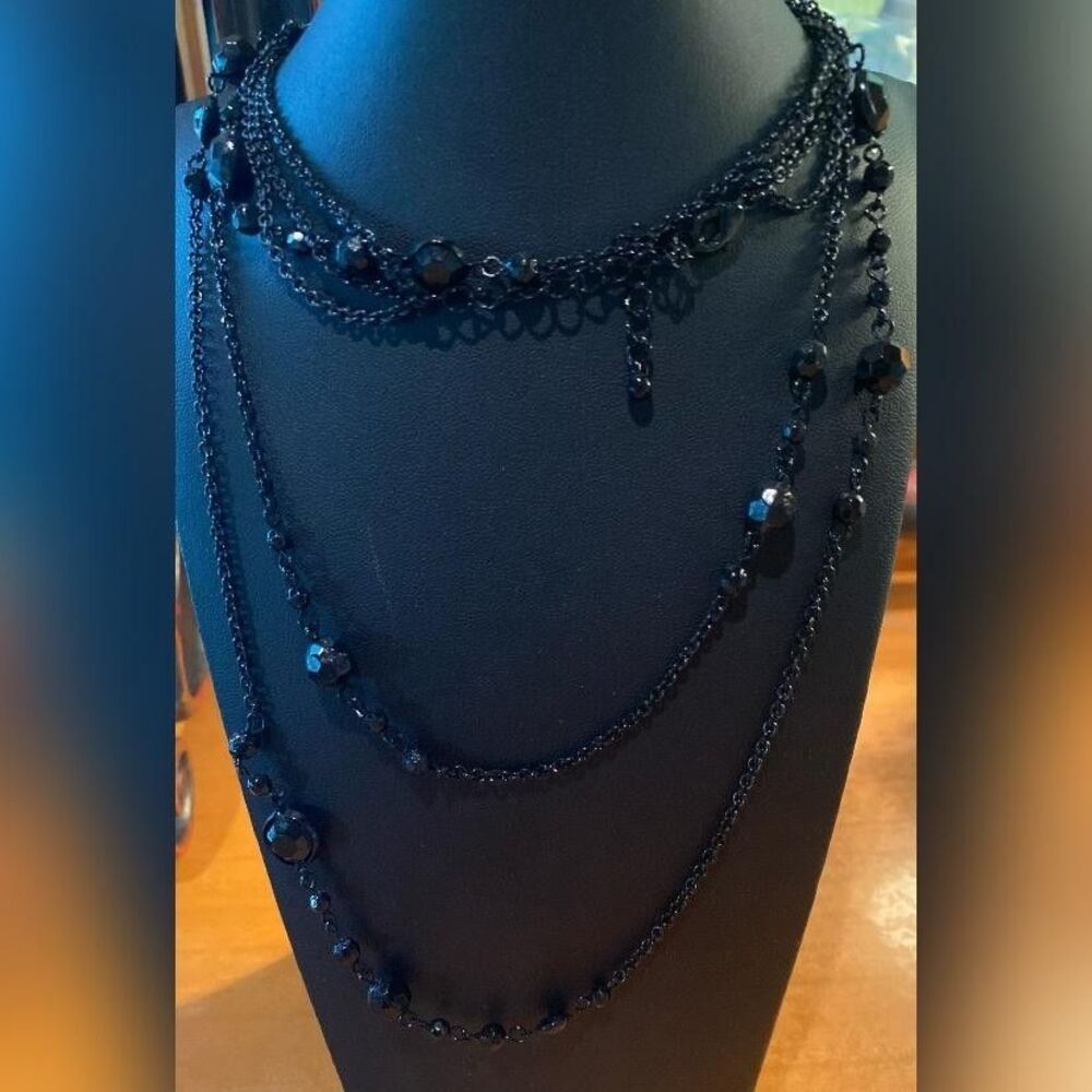 Black Beaded Multi Strand Chain Necklace Layered Station Statement Jewelry
